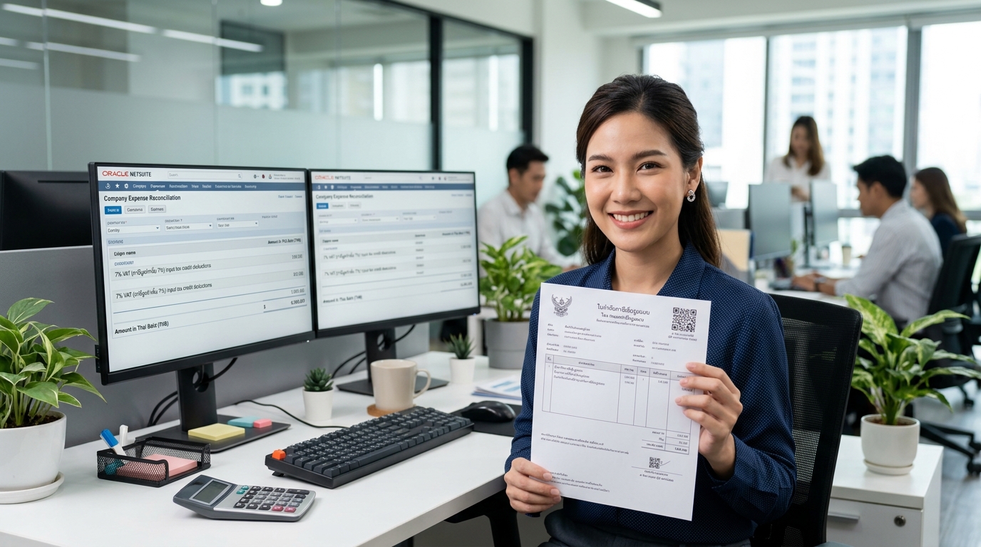 Thai accounting manager holding full corporate tax invoice for enterprise AI software subscription
