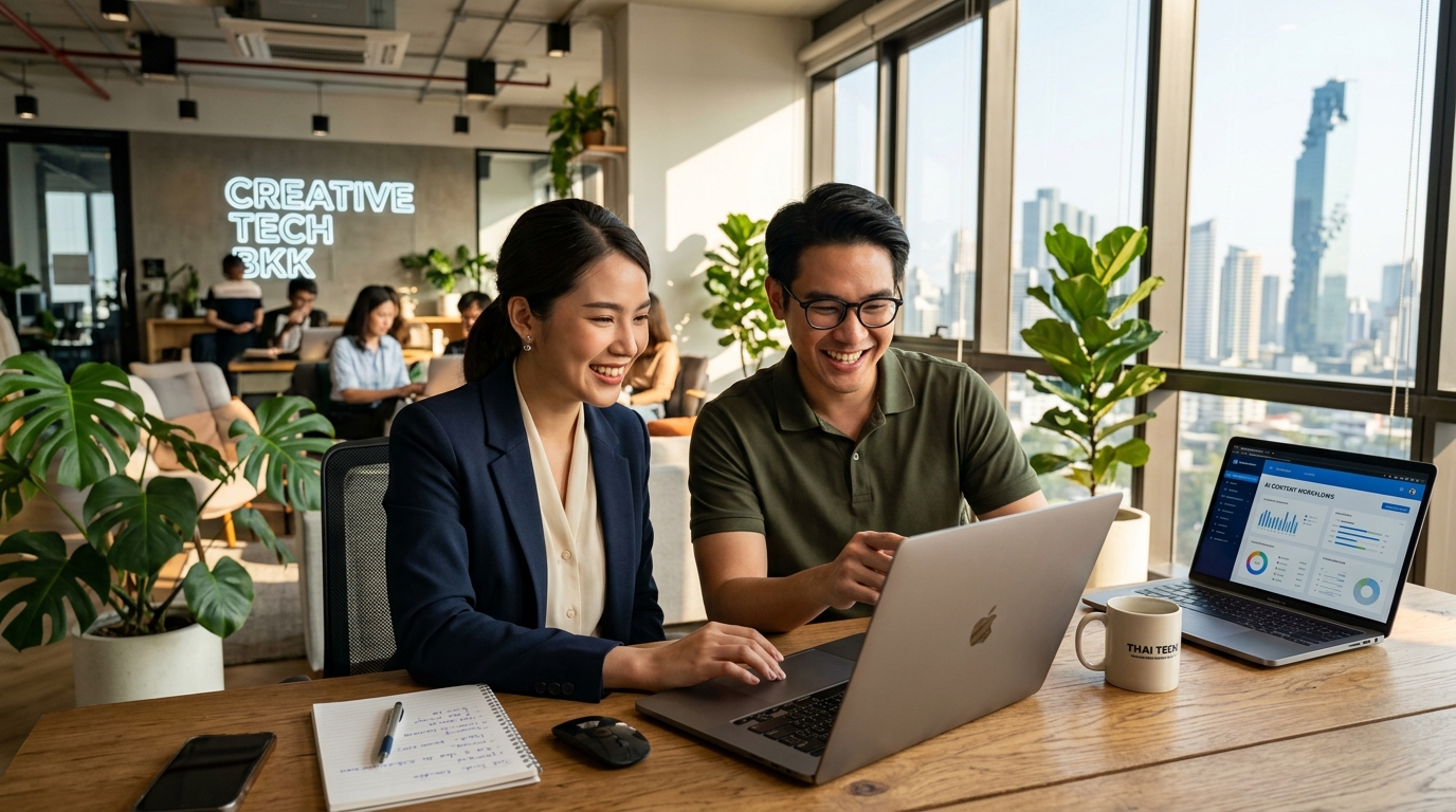 Modern Thai workforce collaborating with enterprise AI tools for marketing campaigns and code engineering