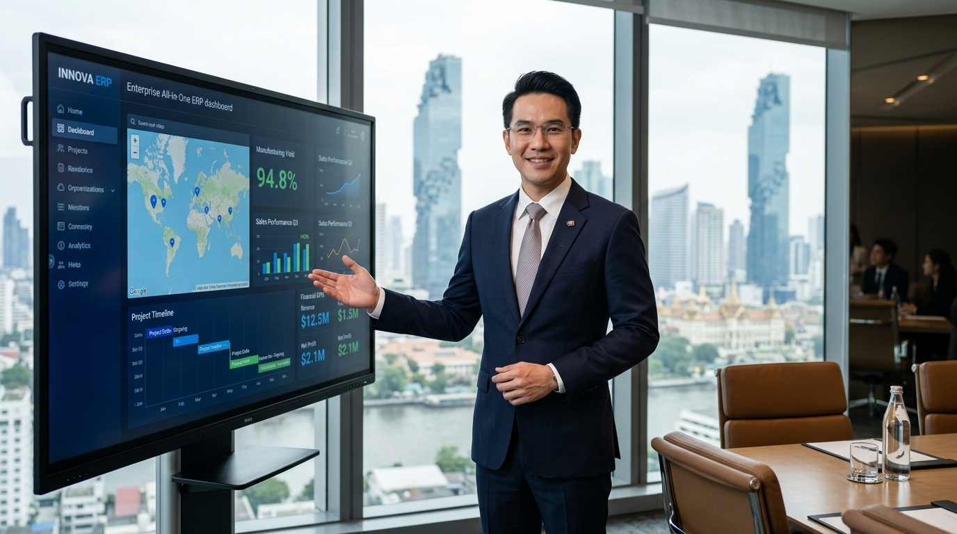 ผู้บริหารระดับสูงองค์กรคนไทยในห้องประชุมพร้อมแดชบอร์ดระบบ Enterprise ERP เต็มรูปแบบ