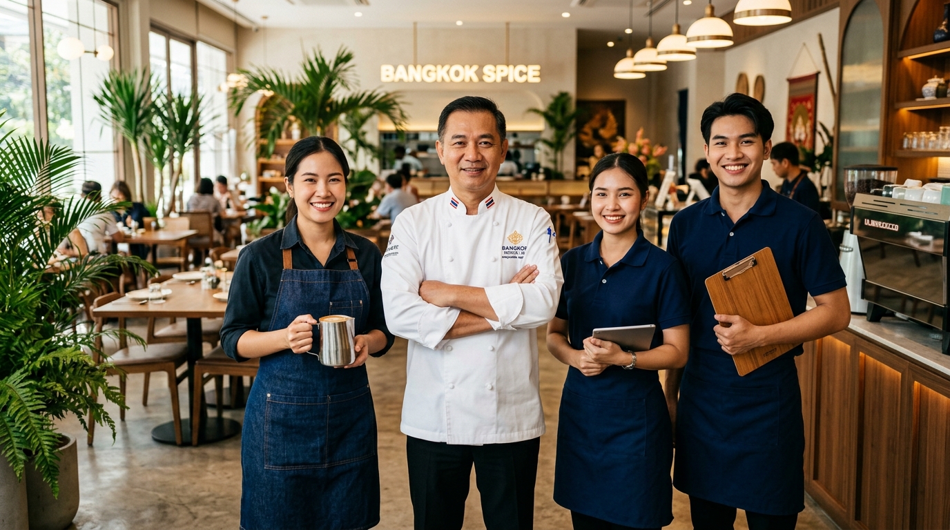 ทีมงานร้านอาหารไทยยิ้มแย้มพร้อมบริการ