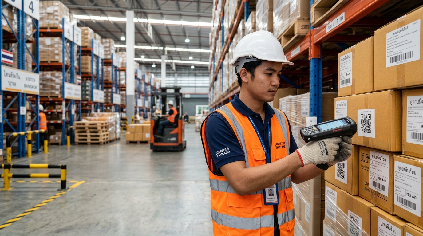 Warehouse supervisor scanning barcodes in trading inventory warehouse